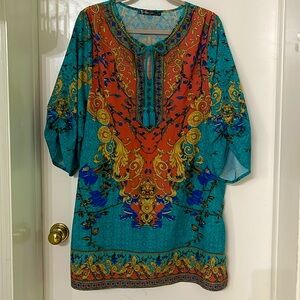 URBAN CoCo Womens DRESS Size XXL COLORFUL Boho Tasseled Tunic S 3/4 CINCH SLEEVE